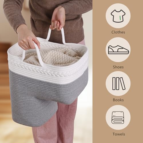 Image of Stair Basket for Wooden & Carpeted Stairs, Foldable Cotton Rope Step Basket with Handles, Staircase Storage Organizer, Fog Grey, 15 inch Lx 10 inch W x 15 inch H