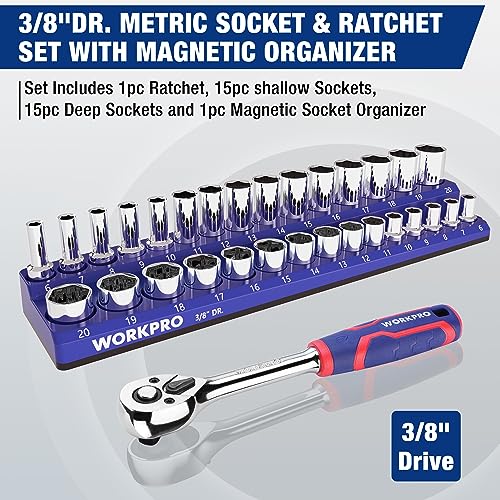 Workpro 32-Piece 3/8-Inch Drive Metric Sockets And Ratchet-Including 30 Metric Deep And Shallow Sockets, 6-20Mm With Magnetic Organizer And 72-Tooth Quick Release Reversible Ratchet For Auto Repair thumb #1
