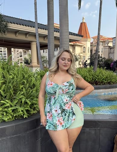 Hanna Nikole Women Plus Size Tankini Swimsuit, Two Piece Bathing Suits with Shorts, 2026 Flowy Swimwear Green White Flowers 22W