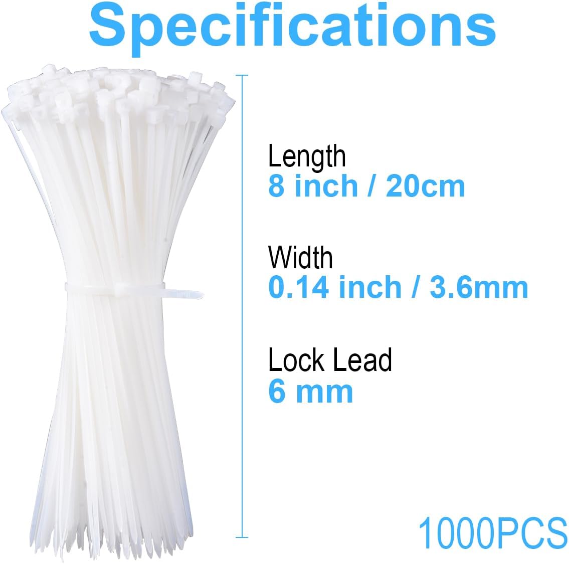 White Zip Ties 8 Inch 1000 Pack, 40 lbs Nylon Cable Ties, Self Locking UV Resistant Wire Ties for Wreath Crafts, DIY, Decor, Indoor Outdoor, Home and Garden