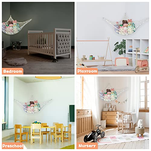 Corner Stuffed Toy Hammock With Led Light,Stuffed Doll Storage Decoration With Diy Design Light,Hanging Toy Storage Net For Kids Bedroom Nursery Play Room(White) #TOP6
