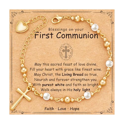 Jesvo First Communion Gifts for Girls Pearl Cross Bracelet 1st First Holy Communion Decorations Tween Catholic Christian Religious Jewelry for Teens Teenage Kids