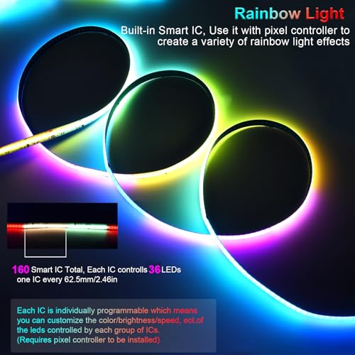 Image of Smart IC RGB COB Led Light Strip 32.8FT /10m, 24V 10mm Width Led Tape Lights with WiFi Bluetooth APP Remote Control, Flexible Addressable Color Chasing Light for TV Backlight Bedroom Party