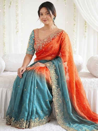 Image of SIRIL Women's Shimmer Chiffon Scalloped Border Sequins Embroidery Saree With Unstitched Blouse Piece