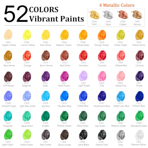 Image of Caliart 52 Colors Acrylic Paint Set with Painting Brushes | Craft Paints for Adults Artists Painters, Rich Pigment Non-toxic, Canvas Wood Rock Ceramic Art Supplies Kit
