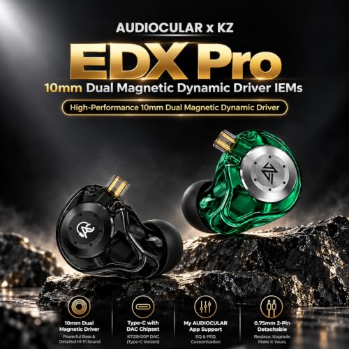 Image of AUDIOCULAR x KZ EDX Pro HiFi Wired in-Ear Monitor (IEM) Earphones with KT02H20P DAC 10mm Dynamic Driver, App Sound Customization, Wide Soundstage, Detachable 2-Pin Cable (Green Type C with Mic)