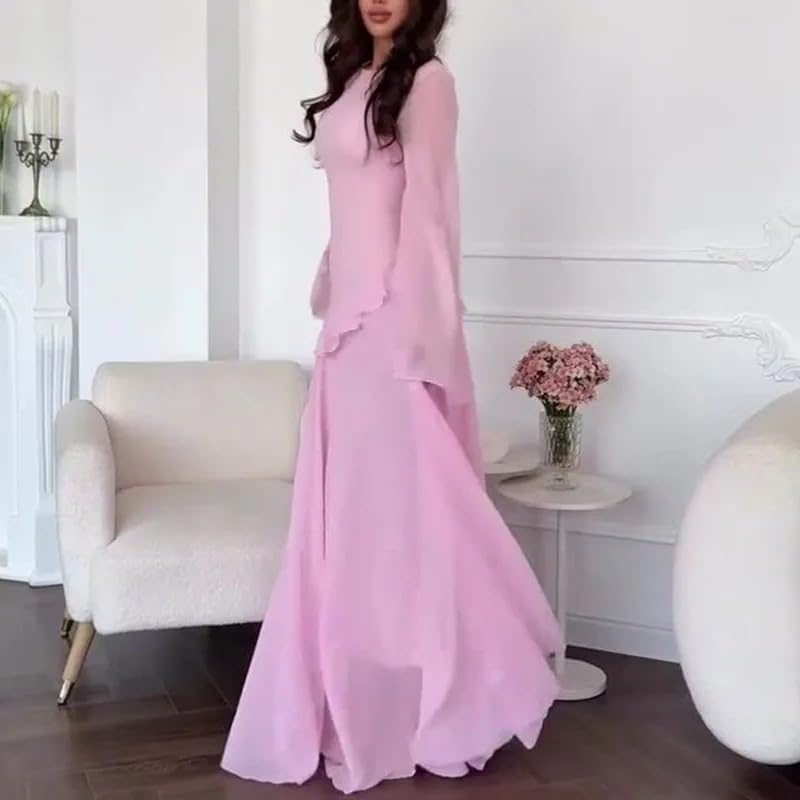 Robes for Woman O Neck Solid Ruffles Party Pleated Dress Spring Autumn Wine Red XS