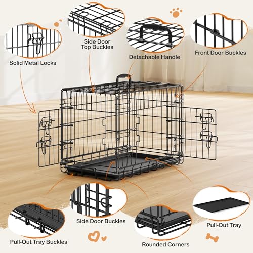 Image of Yaheetech 24inch Double Door Dog Crate w /Divider, Collapsible Metal Kennel | Heavy-duty Sturdy Metal Frame, Easy Assemble, Fold Up for Travel, Removable Tray, Ideal for Puppies, Small Dogs