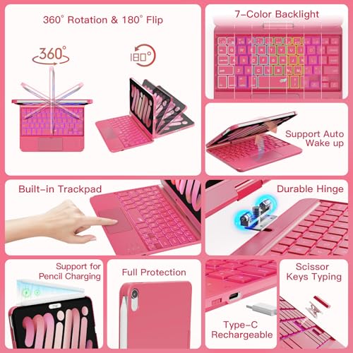 Image of RAYMCRAFT Keyboard Case for iPad mini 7 (A17 Pro, 2024) & Mini 6 (2021) 8.3-inch, 360 Rotatable, 7 Color Backlit, Multi-Touch Trackpad, Wireless Keyboard for iPad mini 7th /6th Generation, Hot Pink