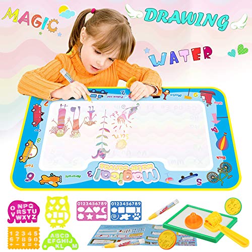 Parsion Wasser Doodle Zeichnung Matte, 63*36cm Wiederverwendbare Magic Malmatte mit 2 Stifte 3 Stempelformen 1 Raddichtung 1 Wasserschale 4 Zeichnungsvorlagen 2 Eva-Formen für Kinder