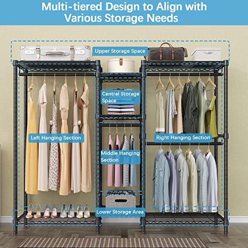 VIPEK V6C Heavy-Duty Portable Clothes Rack with Cover - 5 Tier Wire Wardrobe, Black Metal Frame, 75.6 L x 18.5 W x 76.4 H, 870 LBS Capacity