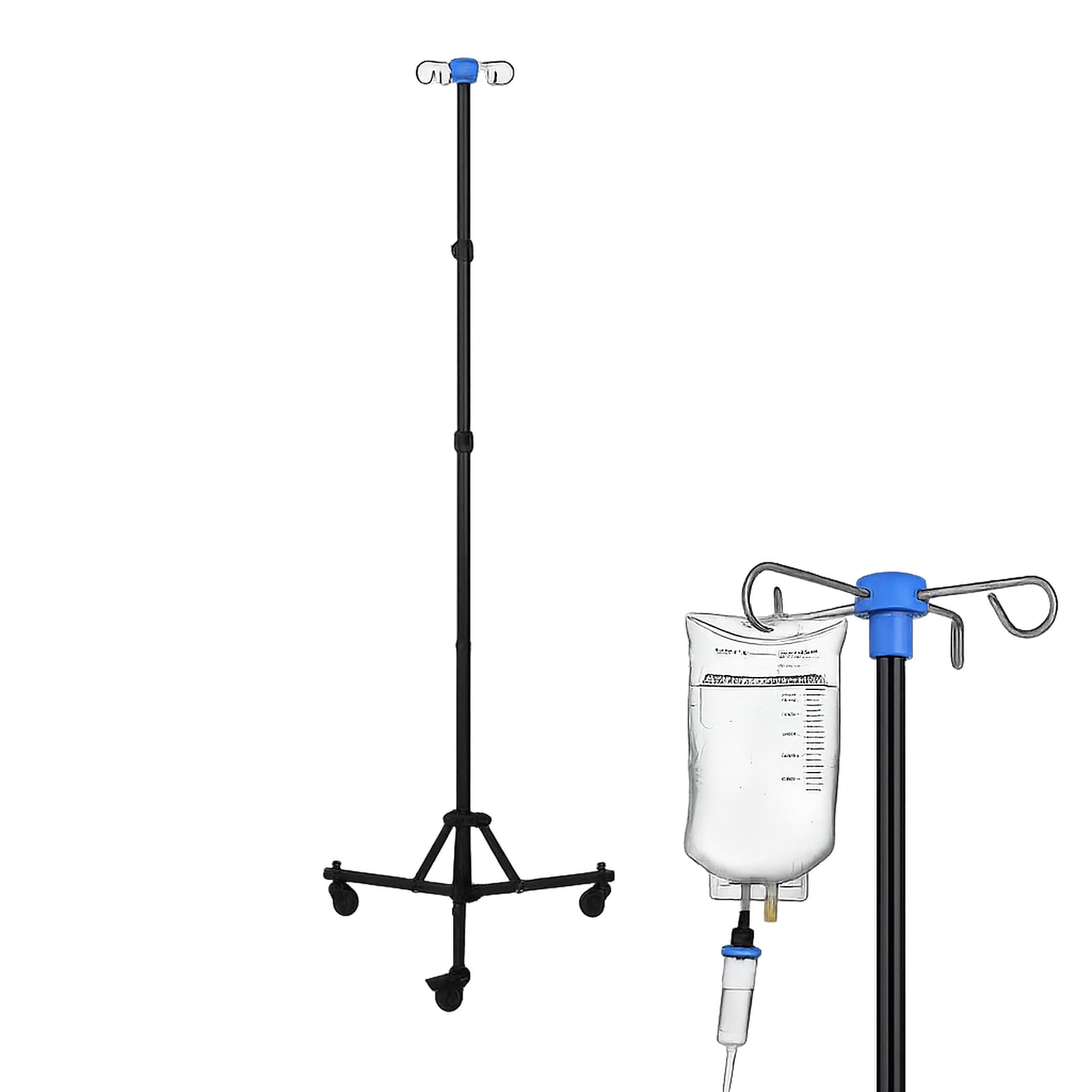 Support de Perche Intraveineuse Pliable, Support D'infusion IV Télescopique, Hauteur Réglable 90 cm à 190 cm, Poteau IV avec 4 Crochets et Trépied Stable, pour Hôpital et Soins à Domicile (avec roues)