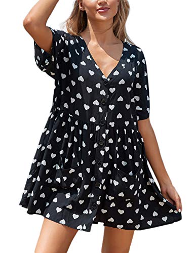 Bsubseach Black Casual Beach Shirt Tunic Dress with Pockets for Women Button Down Short Sleeve Swimsuit Cover Up