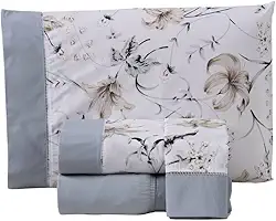 Jogo de Lençol Floral, 4 Peças, Percal 180 Fios, Estampado com Ponto Palito, Algodão/Poliéster, Casal, Queen ou King (Cinza, Casal King)