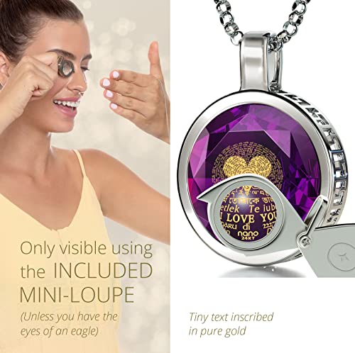 925 Sterling Silver I Love You Necklace Pure Gold Inscribed In 120 Languages Including On Round Cut Dark Purple Cubic Zirconia Gemstone Anniversary Birthday Gift Pendant For Wife, 18" Chain #TOP3