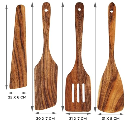 Espátulas Madera Para Cocinar - Juego de 4 Utensilios de Cocina Madera de Teca, incluye Espátula volteadora, ranurada, raspador y para freír. Accesorios Cocina - Duraderos y Antiadherentes - imagen 5