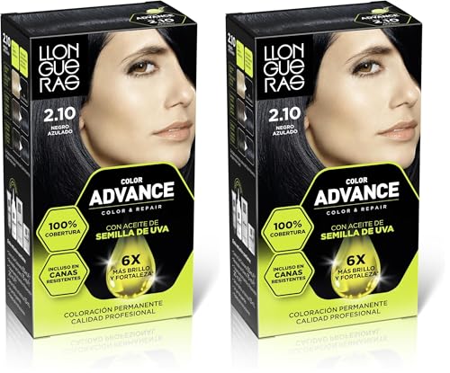 Llongueras Color Advance Tinte Pelo Mujer Coloración Permanente 100% Cobertura Incluso En Canas Resistentes - Tono 2.10 Negro Azulado (Paquete de 2)
