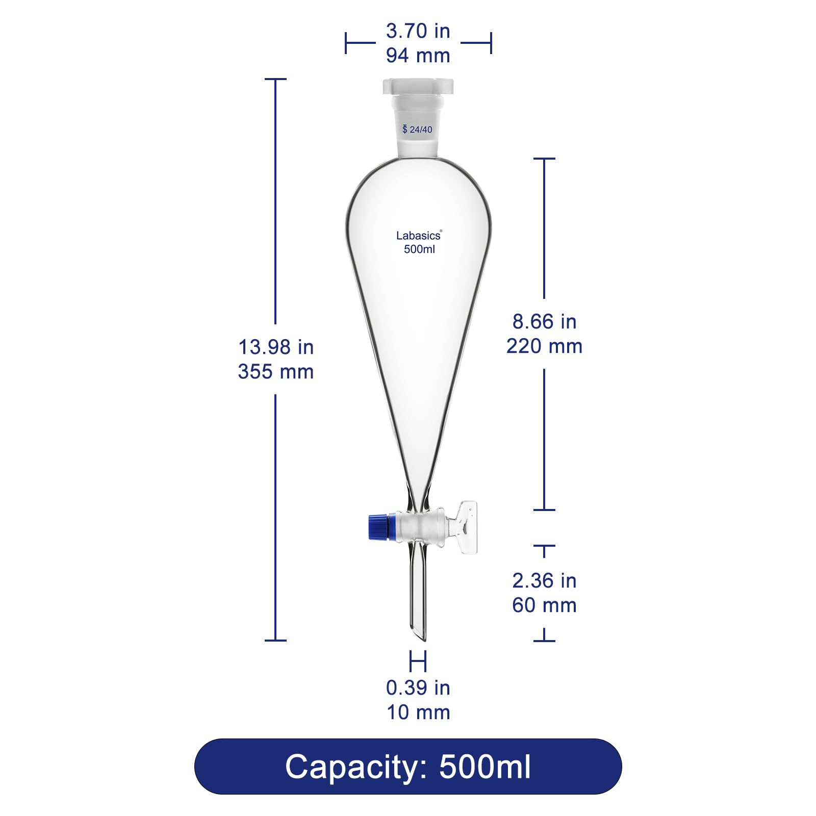Labasics Embudo de Separación Cónico de Vidrio de Borosilicato de 500 ml con Llave de Vidrio, Ideal para la Separación de Líquidos en Laboratorios