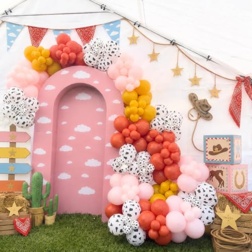 Image of HILAVO Cow Print Balloons, 12 Inch Retro Orange and Pink Yellow Sand White Balloons for Story Theme Farm Country Wild Western Cowgirls Rodeo Baby Shower Birthday Party Decorations