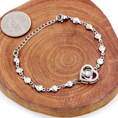 Image of Uloveido Cute Stainless Steel Heart Link Chain Bracelet | 100 Different Languages I Love You Projection Bracelets for Women Girls