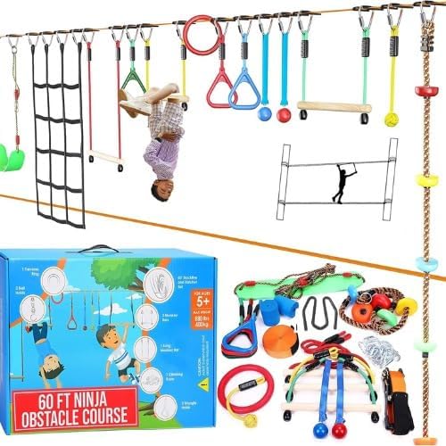 Ninja Warrior Obstacle Course for Kids, 2 x 60 ft Slackline Kit, Up to 880 Lbs, 10 Weatherproof Obstacles with Monkey Net, Ages 5-12, Easy Setup on Trees or Posts, Outdoor Ninja Course