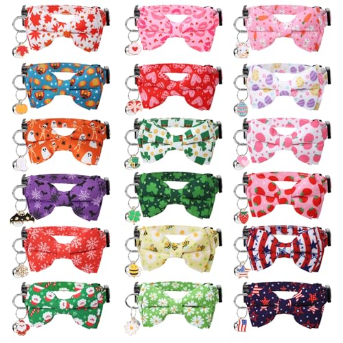 18 Pcs Holiday Cat Collars Breakaway 4th of July Cat Collars with Bowtie Adjustable Kitten Collar with Plastic Buckle for Holiday Pet Cat Costume