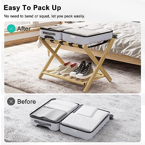 Smuxee Fully Assembled Luggage Rack for Guest Room, Upgraded Bamboo Foldable Suitcase Stand with 5 Nylon Straps, Nature Luggage Holder with Shelf for Bedroom Hotel (Nature Luggage Rack 1pcs)