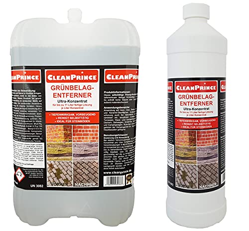 Cleanprince 6 x 1 Litros = 6 Frente 1000ML Alto Concentrado Suelos Verdes Retirar Eliminador Limpiador Musgo Algas Madera Cristal Hormigón Piedra Natural Mármol Placas 1 Fachadas Pasarelas Hof Terraza