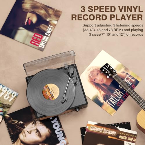 Image of Record Player for Vinyl with 2 Build-in Speakers LP Vinyl Players Belt-Driven Vintage Turntables 3 Speed 3 Size, Wireless Bluetooth Playback, AUX-in, RCA Out, Headphone, Auto Stop