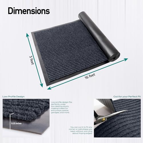 Image of Durable Rubber Door Mat - Heavy Duty, Indoor /Outdoor, Easy Clean, Waterproof, Low-Profile Mat for Entry, Patio, Garage - Stylish (Charcoal, 16' x 3' (Mud Trapper))