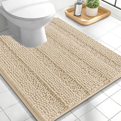 Image of OLANLY Thick Toilet Rugs U-Shaped 24x20, Extra Soft Absorbent Chenille Striped Contour Bathroom Rugs for Toilet, Dry Quickly, Machine Washable, Non-Slip Bath Mat, Beige