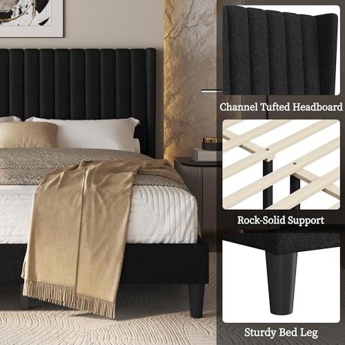Image of Yaheetech Queen Bed Frame with Headboard, Black Channel-Tufted Platform