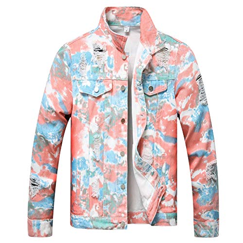 Image of LZLER Men's Denim Jackets Distressed Destroyed Classic Vintage Slim Fit Ripped Fashion Trendy Trucker Jean Jackets