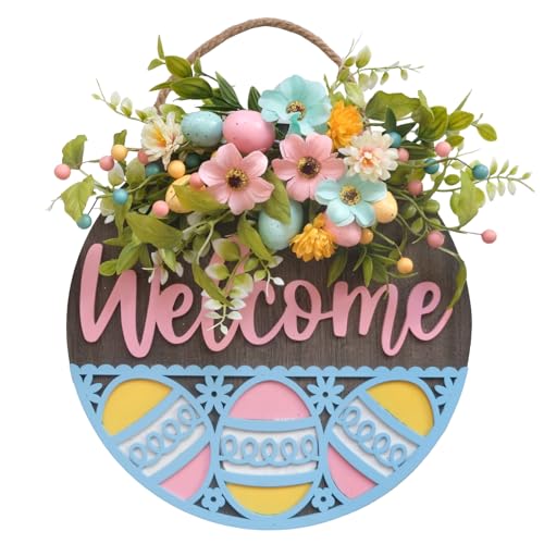 Easter Wreaths for Front Door Colorful Flowers Eggs Door Welcome Sign Round Wooden Easter Sign 12 Inch Easter Hanging Decorations for Spring Summer Farmhouse Holiday Coffee Shop Indoor Outdoor Decor