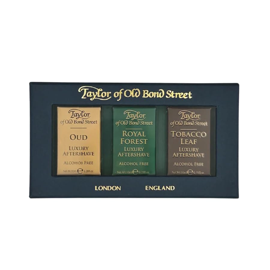 Selezione mista di lozioni dopobarba in confezione regalo di alta qualità. 3 x 10ml dopobarba individuali profumati in Oud, Royal Forest & Tobacco Leaf.