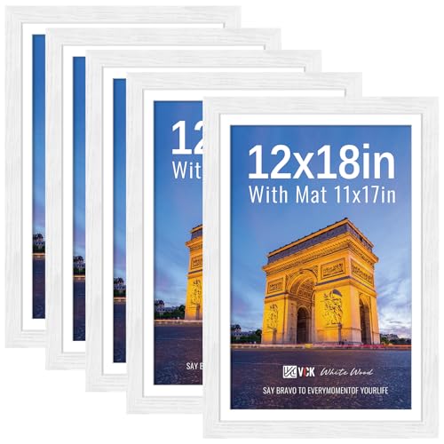 Image of VCK 12x18 Picture Frame 5 Pack, White Exclusive Wood, HD Glass, for Artwork