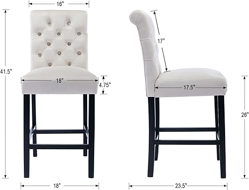 Miniatura 3 de Kmax Juego de 2 taburetes de bar de terciopelo copetudo, taburetes de bar de madera de mediados de siglo con respaldo para isla de cocina interior,
