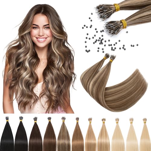 SEGO Nano Tip Hair Extensions Human Hair Nano Beads Balayage Seamless Highlight Pre-bonded Extensions for Women 0.7g/strand 50 strands 35g/pack -14 Inch#4RP27R Medium Brown&Dark Blonde
