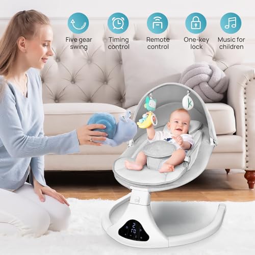 Electric Baby Swing for Infants to Toddler| Portable Infant Swing with Remote Control, Rocker with 5 Speeds, 3-Point Harness,3 Seat Positions for Baby Boy Girl (Light Grey)