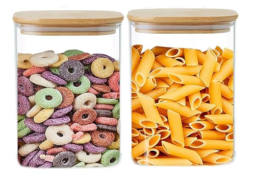 Image of MARTVIA Glass Food Storage Jars with Bamboo Lids 1200ml Set of 2, Wide Mouth Lid Jar for Home Kitchen,Flour, Sugar, Coffee, Pasta, Oats, Grains, Cookies, Snacks (Sqaure 1200 ML Jar, SET OF 2)