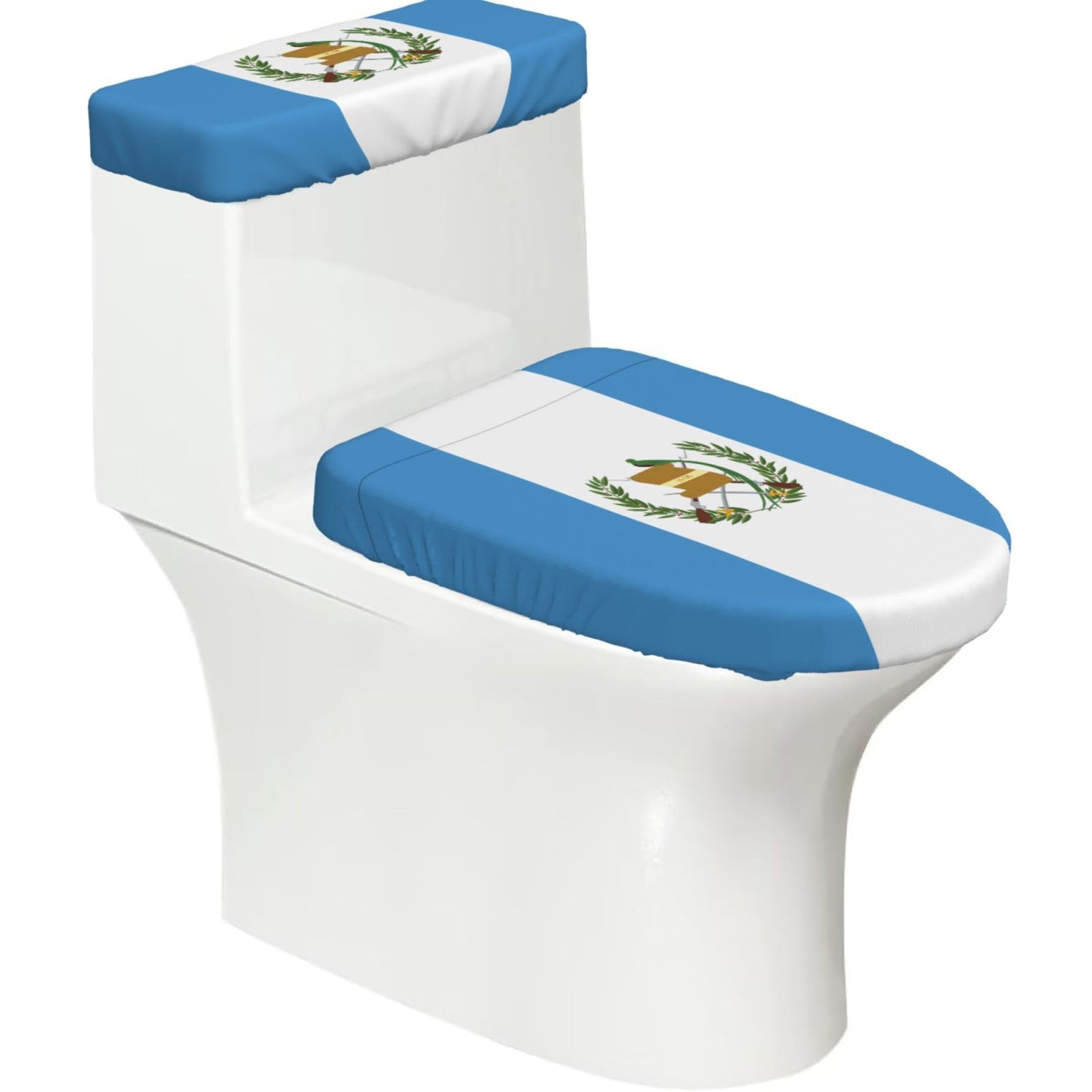 Flag of Guatemala Elastic Toilet Cover Set of 2-Stretchy Lid and Tank Covers for Bathroom, Soft Washable U Shape Toilet Decor