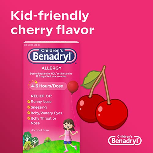 Benadryl Children's Allergy Relief Liquid Medicine With Diphenhydramine Hcl, Kids' Allergy Syrup For Allergy Symptoms Like Runny Nose, Itchy Eyes & More, Cherry Flavor, 4 Fl. Oz #TOP3