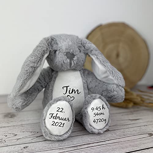 mamir home Geburtsgeschenk Baby Jungen & Mädchen | Hase Kuscheltier personalisiert mit Name & Geburtsdaten I 34cm I Geschenkidee zur Geburt I Taufe