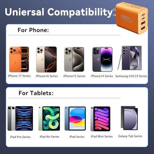 Image of USB C Wall Fast Charger Block, 40W 4-Port Type C Charger Fast Charging Blocks +QC 3.0 USB C Multiport Charger Brick for Phone 17 /16 /15 /14 /13 /12 Pro Max, Pad, Cosmic Orange