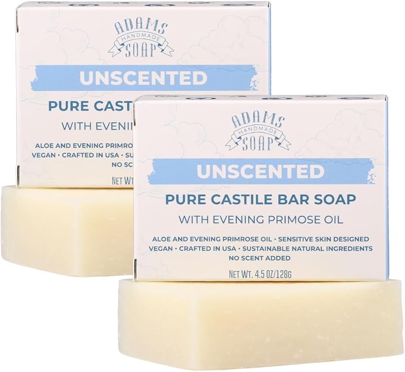 Adams Handmade Soap Sabonete em Barra Castile Puro sem Fragrância com Óleo de Prímula-da-noite, 128 g