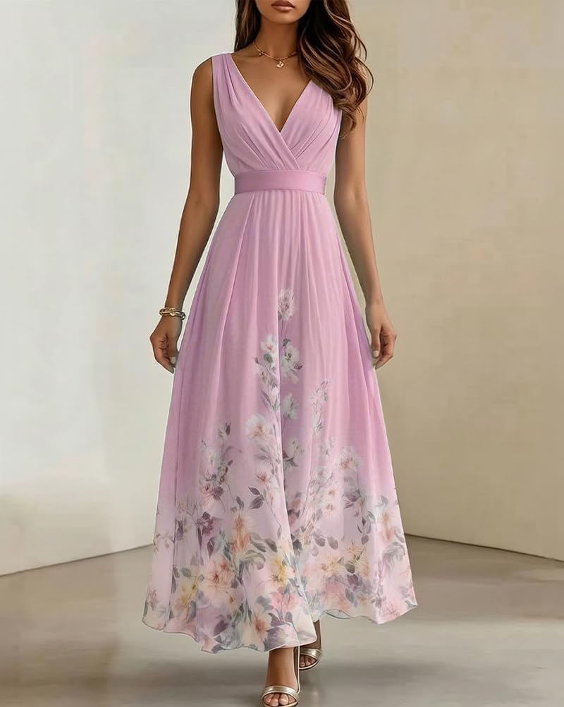shownicer Vestito Donna Elegante Abito Cerimonia Vestito Lungo Stampa Floreale Senza Maniche Scollo a V Vestiti in Chiffon Estate