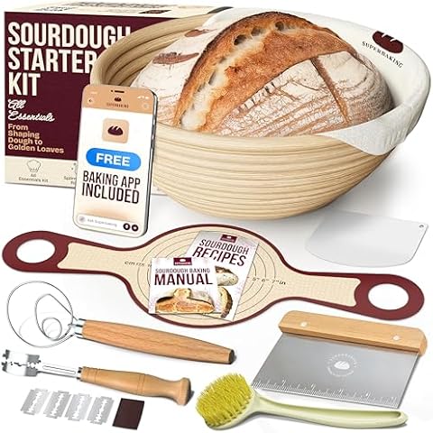 Superbaking Banneton Bread Proofing Basket Set with Silicone Dough Sling, 9" Splinter-Free Proofing Basket, Non-Stick Dutch Oven Liner, Sourdough Starter Kit, Sourdough Bread Baking Supplies & Tools Cover