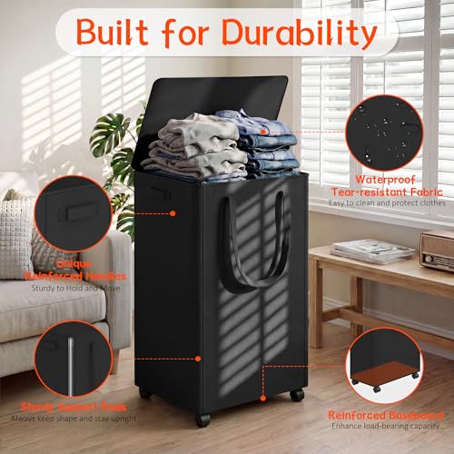 Image of Slim Laundry Hamper with Wheels,25 Gal (95L) Rolling Laundry Basket with lid and wheels Clothes Hamper Foldable Tall Dirty Clothes Basket Sturdy Collapsible Clothes Hamper for Dorm,Laundry Room