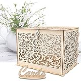 CSHOMES DIY Wedding Card Box with Lock and Card,Rustic Wooden Hollow Wedding Money Box for Reception...