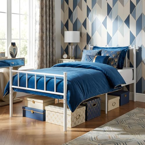 Harbour Housewares 3ft Single Metal Bed Frame White – Heavy Duty Steel Bed with Headboard Footboard and 36cm Underbed Storage – Fits 190 x 90cm Mattress – Strong Metal Slats Max Weight 110kg